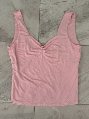 Baby Pink 100% Cotton Ruched Cinch Front V-Neck Crop Tank Top